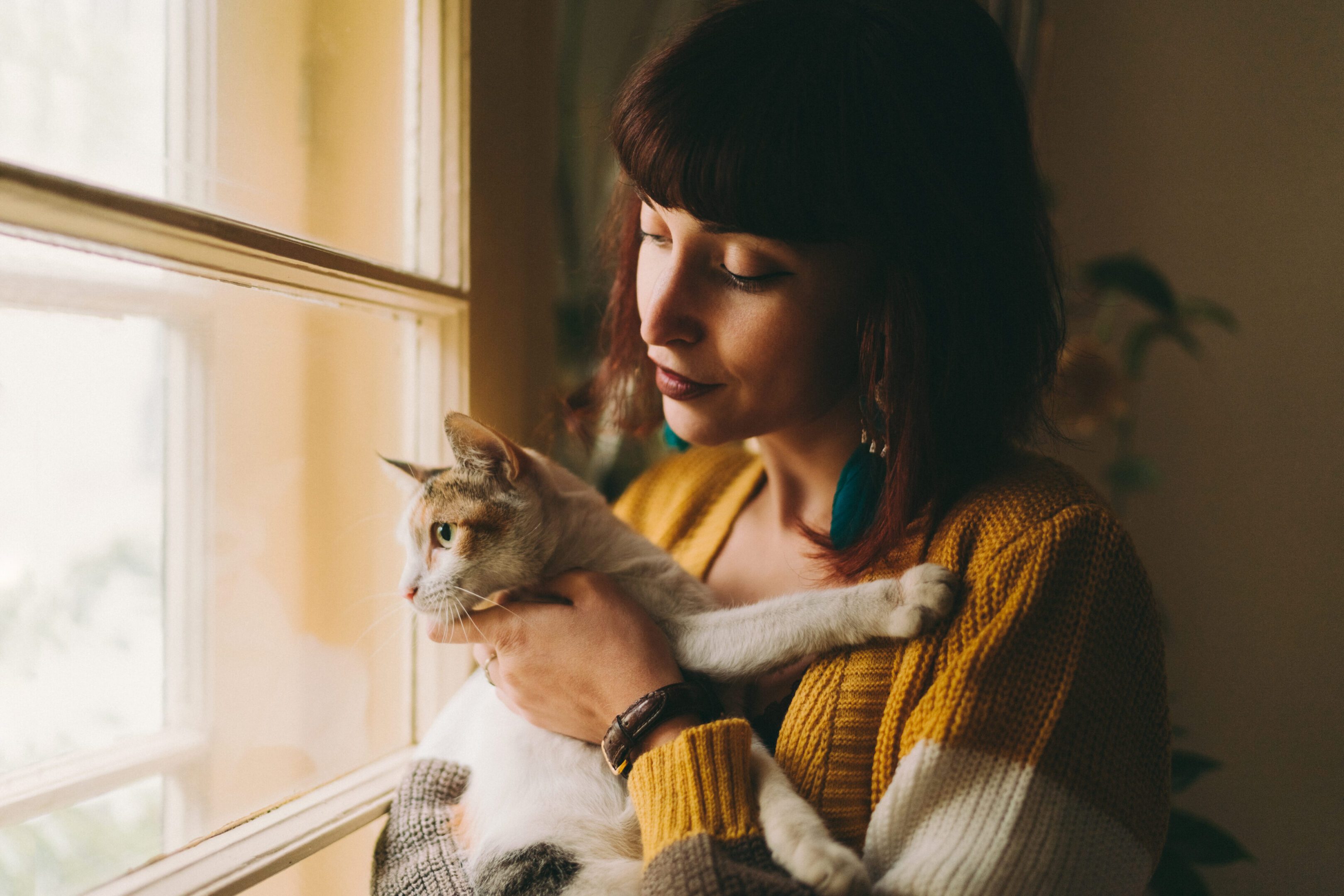 Woman holding cat by window