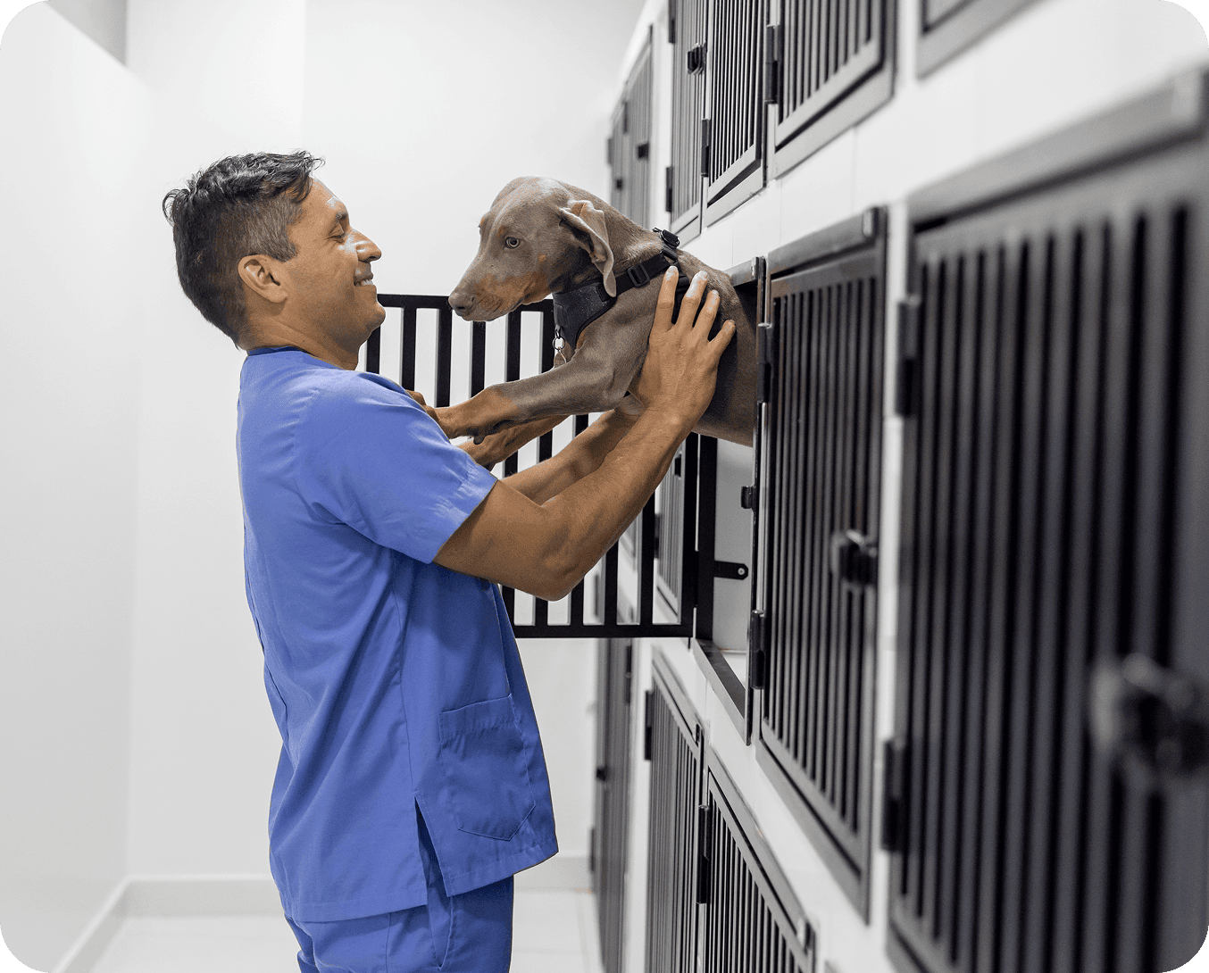 Man in scrubs holding a dog