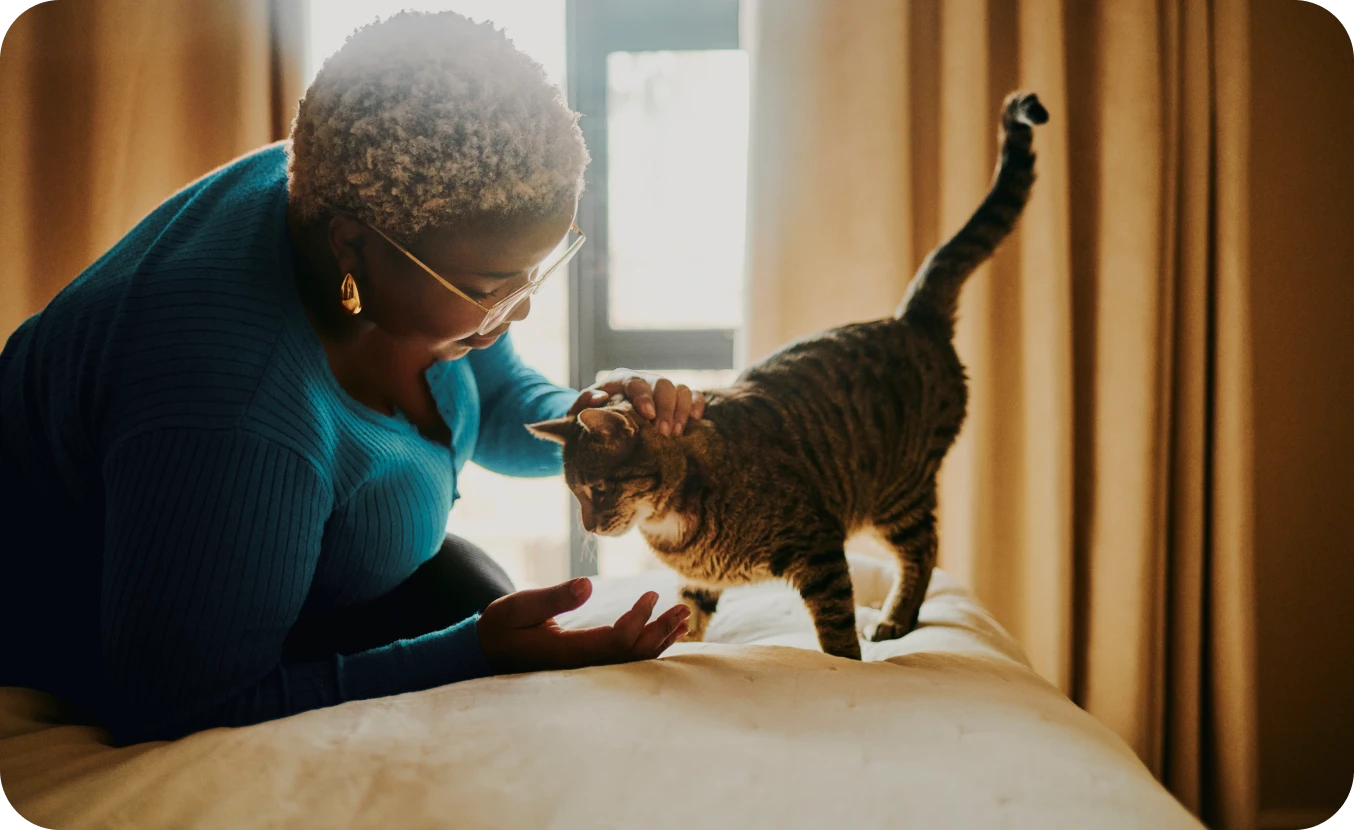 Woman in blue sweater with cat.