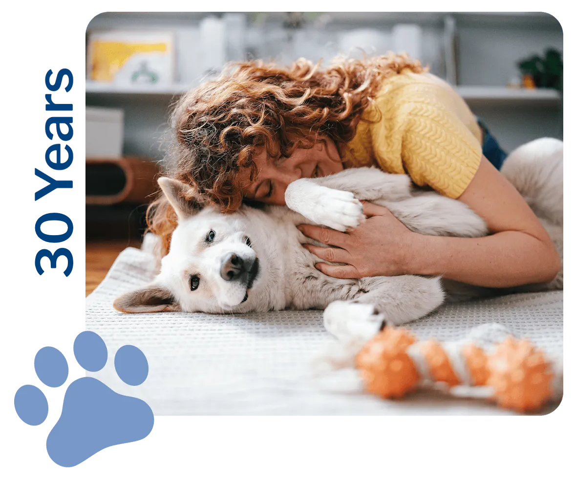 Woman hugging dog on the floor
