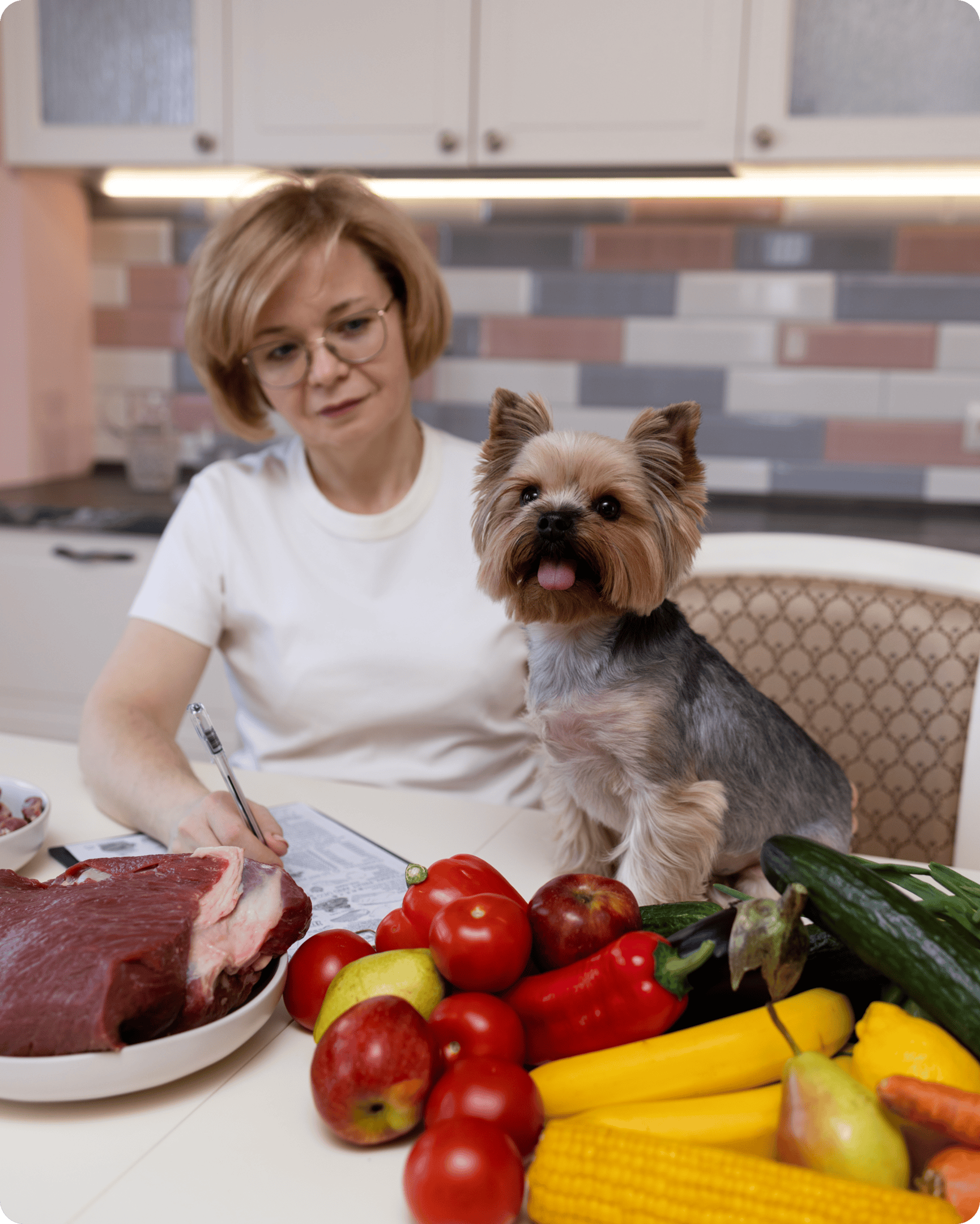 Woman with dog and vegetables on table.